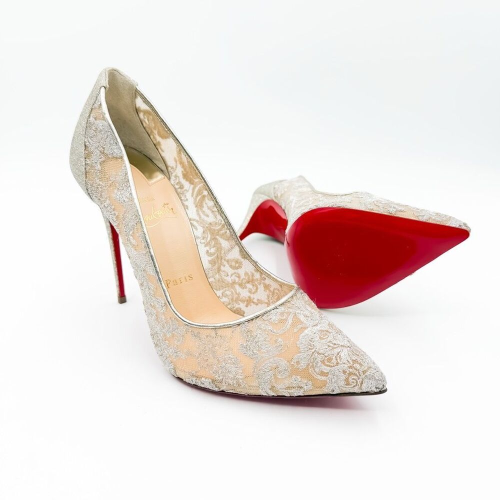 Christian Louboutin Champagne Lace and Silver Embroidered Pumps with Red Soles